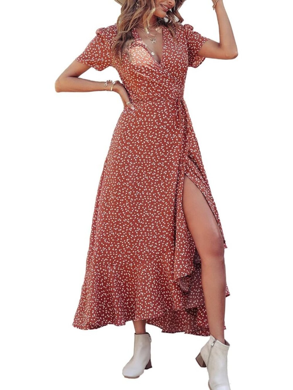 Women's Red White Floral V Neck Casual Short Sleeve Pull On Zipper Maxi Dresses